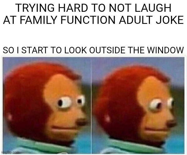 True? | TRYING HARD TO NOT LAUGH AT FAMILY FUNCTION ADULT JOKE; SO I START TO LOOK OUTSIDE THE WINDOW | image tagged in memes,monkey puppet | made w/ Imgflip meme maker