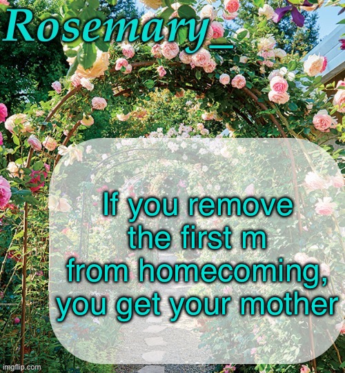 Rosemary_ template | If you remove the first m from homecoming, you get your mother | image tagged in rosemary_ template | made w/ Imgflip meme maker