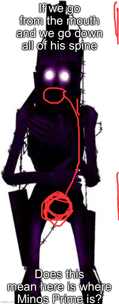 Ultraballs | If we go from the mouth and we go down all of his spine; Does this mean here is where Minos Prime is? | image tagged in msmg | made w/ Imgflip meme maker