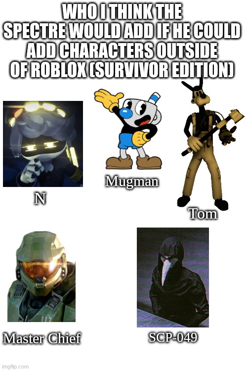 There's gonna be major nerfing if this happens | WHO I THINK THE SPECTRE WOULD ADD IF HE COULD ADD CHARACTERS OUTSIDE OF ROBLOX (SURVIVOR EDITION); Mugman; N; Tom; Master Chief; SCP-049 | image tagged in forsaken,video games,scp-049,murder drones | made w/ Imgflip meme maker