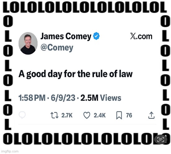 James Comey, I agree! A good day for the rule of law. | image tagged in comey,james comey,fbi director james comey,president trump,republican party,justice | made w/ Imgflip meme maker