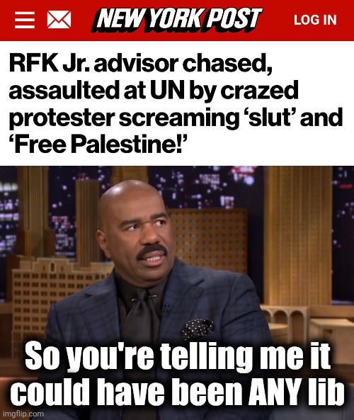 Hateful, violent savages | So you're telling me it
could have been ANY lib | image tagged in steve harvey look,memes,rfk jr,liberals,democrats,protester | made w/ Imgflip meme maker