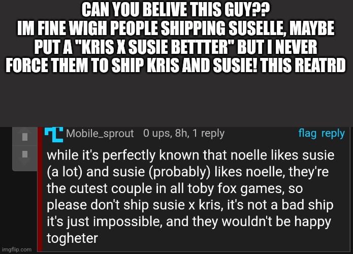 Bitch. (Is that guy serious ? -the original         meme_approver) | CAN YOU BELIVE THIS GUY??
IM FINE WIGH PEOPLE SHIPPING SUSELLE, MAYBE PUT A "KRIS X SUSIE BETTTER" BUT I NEVER FORCE THEM TO SHIP KRIS AND SUSIE! THIS REATRD | image tagged in deltarune | made w/ Imgflip meme maker