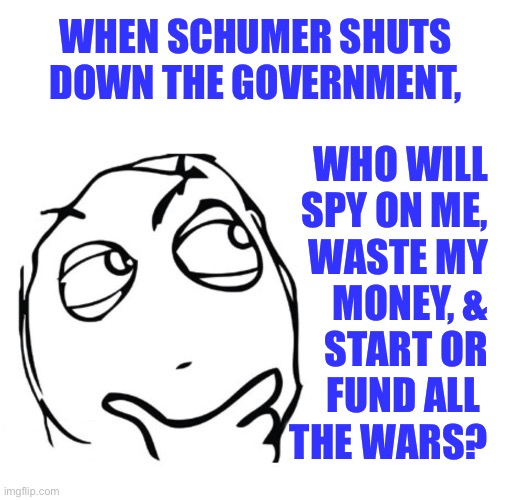 We should shut it down more often | WHEN SCHUMER SHUTS DOWN THE GOVERNMENT, WHO WILL
SPY ON ME,
WASTE MY
MONEY, &
START OR
FUND ALL 
THE WARS? | image tagged in hmmm,democrat scum,democrats hate america,vote out all democrats | made w/ Imgflip meme maker