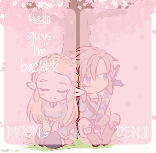 moons and denji - zelda n link temp | Hello guys I'm backkk | image tagged in moons and denji - zelda n link temp | made w/ Imgflip meme maker