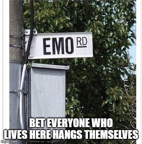 Emo Road | BET EVERYONE WHO LIVES HERE HANGS THEMSELVES | image tagged in dark humor | made w/ Imgflip meme maker