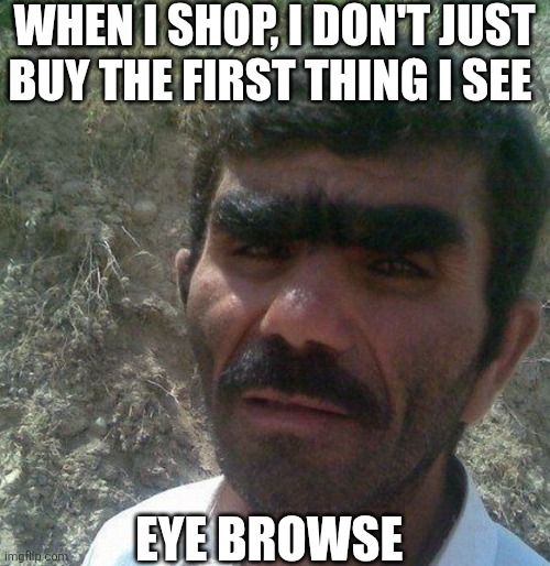 When I Shop I Don't Just Buy The First Thing I See Eye Browse | WHEN I SHOP, I DON'T JUST BUY THE FIRST THING I SEE; EYE BROWSE | image tagged in chrisjoines1 | made w/ Imgflip meme maker