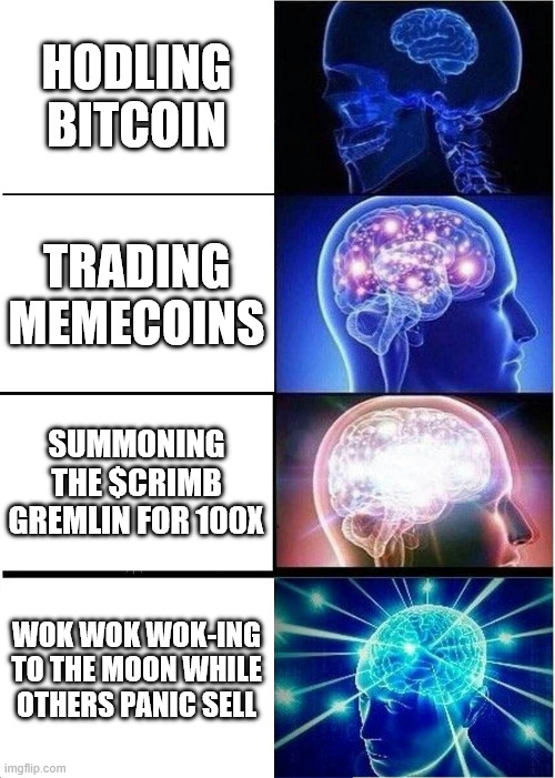 gremlin | HODLING BITCOIN; TRADING MEMECOINS; SUMMONING THE $CRIMB GREMLIN FOR 100X; WOK WOK WOK-ING TO THE MOON WHILE OTHERS PANIC SELL | image tagged in memes,expanding brain | made w/ Imgflip meme maker