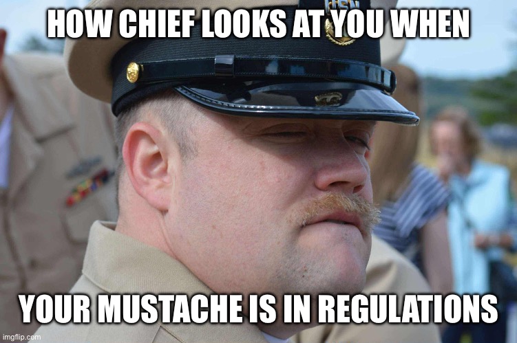 Mustache | HOW CHIEF LOOKS AT YOU WHEN; YOUR MUSTACHE IS IN REGULATIONS | image tagged in how chief looks at you | made w/ Imgflip meme maker