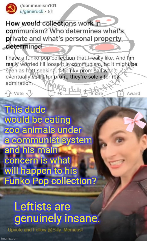 Under communism you won't have a funko pop collection to worry about. You'll be struggling to find food under the far left. | This dude would be eating zoo animals under a communist system and his main concern is what will happen to his Funko Pop collection? Leftists are genuinely insane. | image tagged in disaster girl memeus edition template | made w/ Imgflip meme maker