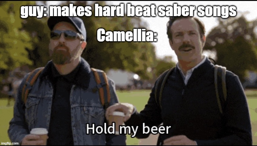 songs | guy: makes hard beat saber songs; Camellia: | image tagged in hold my beer | made w/ Imgflip meme maker