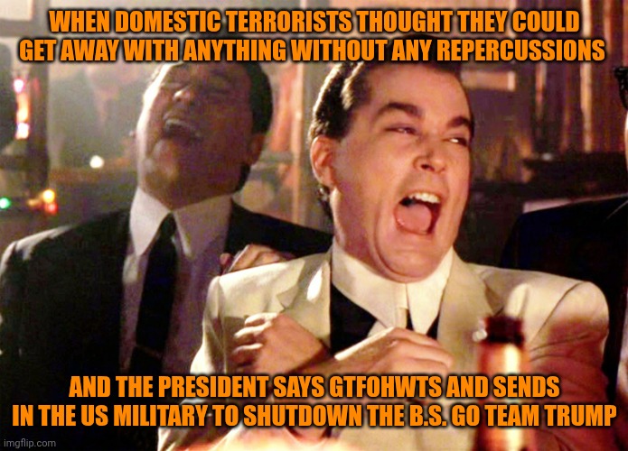 Funny | WHEN DOMESTIC TERRORISTS THOUGHT THEY COULD GET AWAY WITH ANYTHING WITHOUT ANY REPERCUSSIONS; AND THE PRESIDENT SAYS GTFOHWTS AND SENDS IN THE US MILITARY TO SHUTDOWN THE B.S. GO TEAM TRUMP | image tagged in memes,good fellas hilarious,terrorists,us military,president trump,gtfo | made w/ Imgflip meme maker