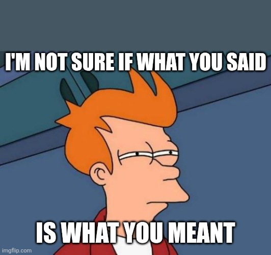 Futurama Fry Meme | I'M NOT SURE IF WHAT YOU SAID; IS WHAT YOU MEANT | image tagged in memes,futurama fry | made w/ Imgflip meme maker