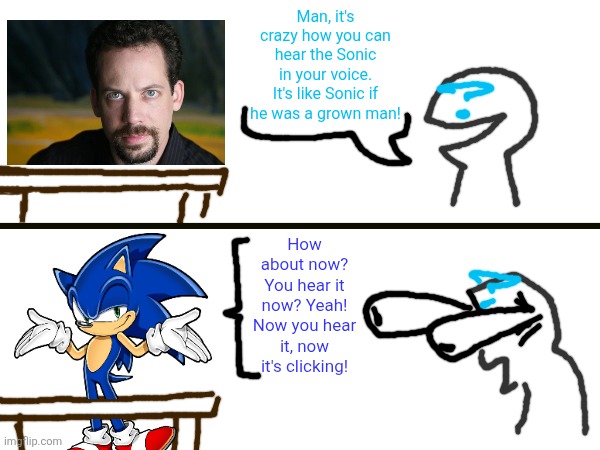 I met Ryan Drummond at a convention today and this happened | Man, it's crazy how you can hear the Sonic in your voice. It's like Sonic if he was a grown man! How about now? You hear it now? Yeah! Now you hear it, now it's clicking! | image tagged in sonic,sonic the hedgehog | made w/ Imgflip meme maker