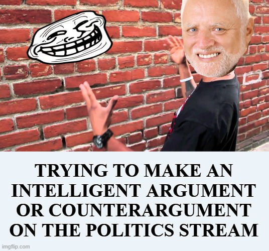hate group | TRYING TO MAKE AN INTELLIGENT ARGUMENT OR COUNTERARGUMENT ON THE POLITICS STREAM | image tagged in talking to wall,politics,troll face,politics suck | made w/ Imgflip meme maker