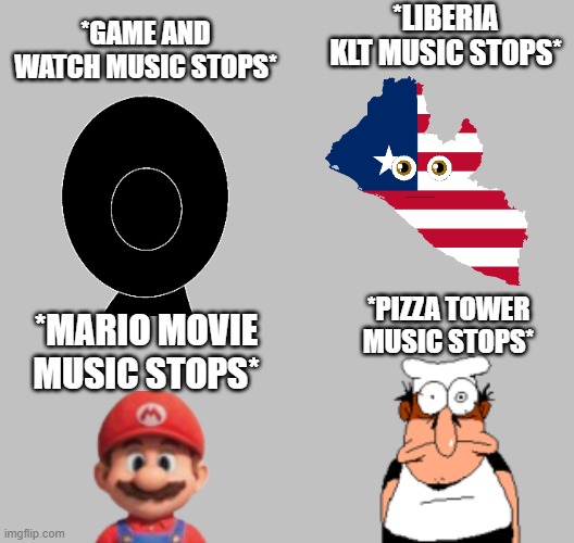 *GAME AND WATCH MUSIC STOPS* *MARIO MOVIE MUSIC STOPS* *PIZZA TOWER MUSIC STOPS* *LIBERIA KLT MUSIC STOPS* | made w/ Imgflip meme maker