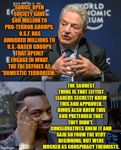 The truth is actually coming out now and leftists and RINOS in Congress are scrambling. | SOROS’ OPEN SOCIETY GAVE $80 MILLION TO PRO-TERROR GROUPS.  O.S.F. HAS AWARDED MILLIONS TO U.S.-BASED GROUPS THAT OPENLY ENGAGE IN WHAT THE FBI DEFINES AS “DOMESTIC TERRORISM.”; THE SADDEST THING IS THAT LEFTIST LEADERS SECRETLY KNEW THIS AND APPROVED.  RINOS ALSO KNEW THIS AND PRETENDED THAT THEY DIDN'T.  CONSERVATIVES KNEW IT AND SAID SO FROM THE VERY BEGINNING; BUT WERE MOCKED AS CONSPIRACY THEORISTS. | image tagged in roll safe think about it | made w/ Imgflip meme maker
