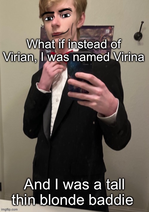 Or Vivian | What if instead of Virian, I was named Virina; And I was a tall thin blonde baddie | image tagged in virian man face 4 | made w/ Imgflip meme maker