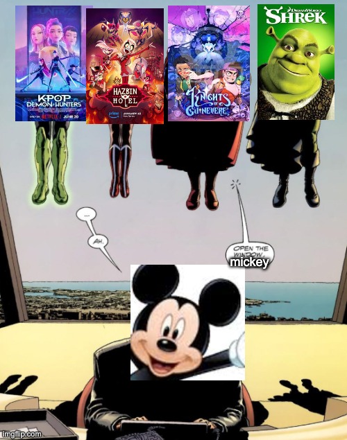 Based on a YT comment from a KoG reaction. | mickey | image tagged in open the window luthor,disney,glitch productions,hazbin hotel,sony,shrek | made w/ Imgflip meme maker