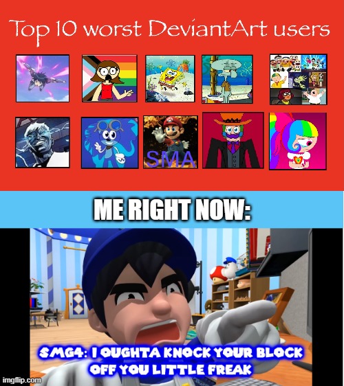 ToP 10 wOrSt DeViAnTaRt UsErS (ALRIGHT, I GET IT!) | ME RIGHT NOW: | image tagged in smg4 dislike or hate who,alright i get it,deviantart,cringe,smg4,why are you reading the tags | made w/ Imgflip meme maker