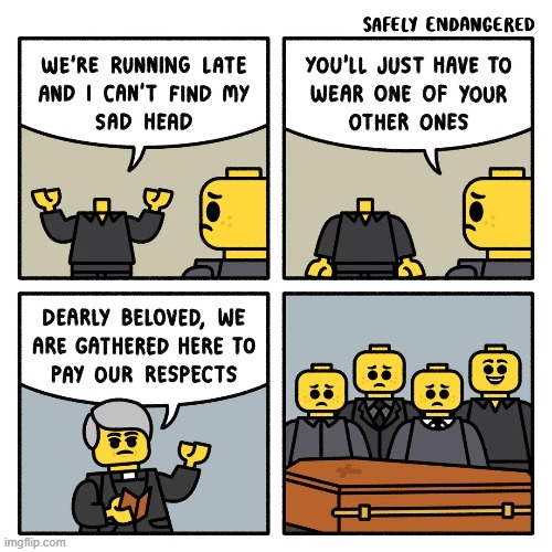 image tagged in lego,heads,funeral,sad,smile,haha | made w/ Imgflip meme maker