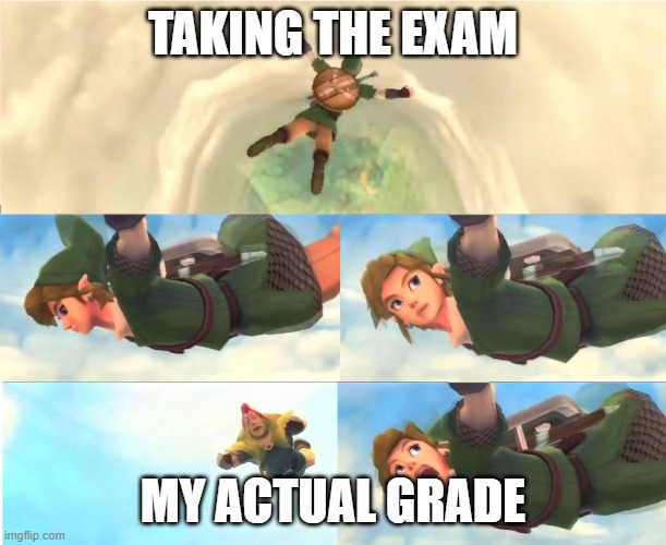 Link Falling | TAKING THE EXAM; MY ACTUAL GRADE | image tagged in link falling | made w/ Imgflip meme maker