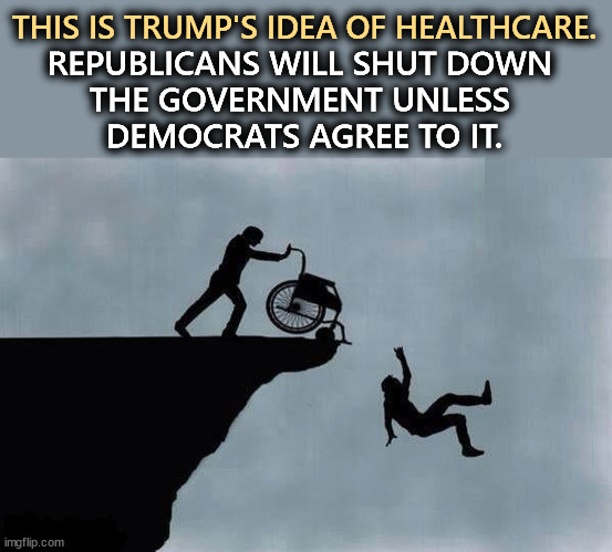 Republican healthcare program - TrumpCare | THIS IS TRUMP'S IDEA OF HEALTHCARE. REPUBLICANS WILL SHUT DOWN 
THE GOVERNMENT UNLESS 
DEMOCRATS AGREE TO IT. | image tagged in republican healthcare program - trumpcare,trump,health care,healthcare,shut down | made w/ Imgflip meme maker