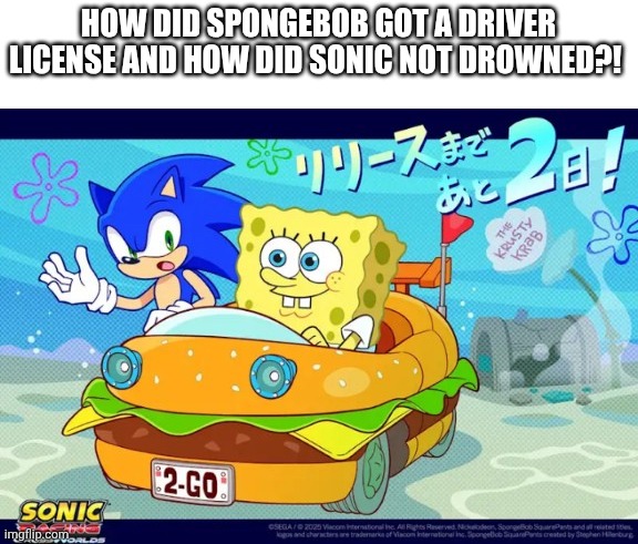 How?! | HOW DID SPONGEBOB GOT A DRIVER LICENSE AND HOW DID SONIC NOT DROWNED?! | image tagged in how,what the fuck | made w/ Imgflip meme maker