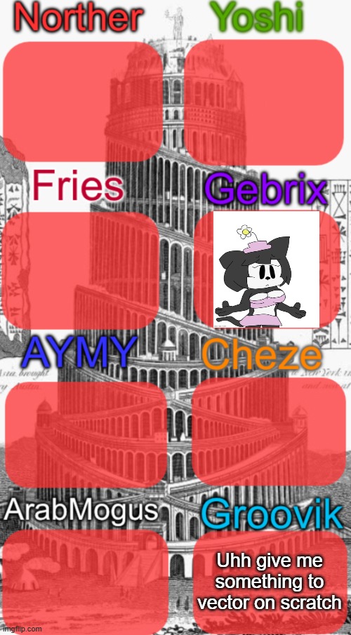 Tower of Babel shared temp | Uhh give me something to vector on scratch | image tagged in tower of babel shared temp | made w/ Imgflip meme maker