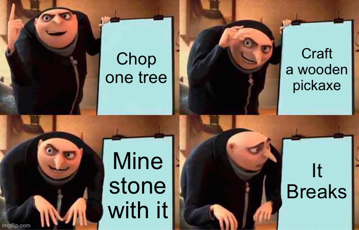 Gru's Plan Meme | Chop one tree; Craft a wooden pickaxe; It Breaks; Mine stone with it | image tagged in memes,gru's plan | made w/ Imgflip meme maker
