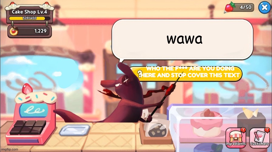 Artificer in Cake shop | wawa; WHO THE F*** ARE YOU DOING HERE AND STOP COVER THIS TEXT | image tagged in cookie kingdom cake shop,rain world,not funny | made w/ Imgflip meme maker