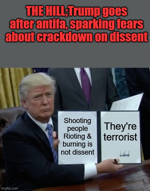 Domestic terrorist, Enemies within | THE HILL;Trump goes after antifa, sparking fears about crackdown on dissent; Shooting people Rioting & burning is not dissent; They're terrorist | image tagged in memes,trump bill signing | made w/ Imgflip meme maker