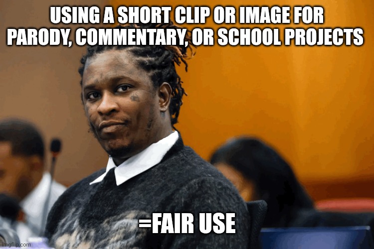 Young thug | USING A SHORT CLIP OR IMAGE FOR PARODY, COMMENTARY, OR SCHOOL PROJECTS; =FAIR USE | image tagged in young thug | made w/ Imgflip meme maker