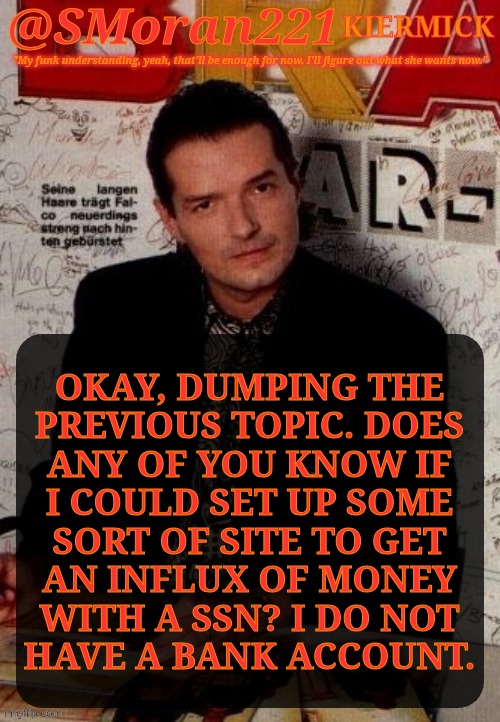 I Need To Do Something | OKAY, DUMPING THE
PREVIOUS TOPIC. DOES
ANY OF YOU KNOW IF
I COULD SET UP SOME
SORT OF SITE TO GET
AN INFLUX OF MONEY
WITH A SSN? I DO NOT
HAVE A BANK ACCOUNT. | image tagged in smoran221 falco,real life,i dont know how to tag this,so i wont,dont want to sound desperate but,i need to figure out something | made w/ Imgflip meme maker