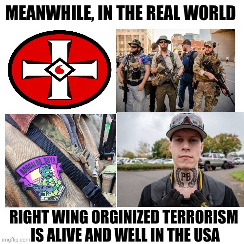 Blank Transparent Square Meme | MEANWHILE, IN THE REAL WORLD RIGHT WING ORGANIZED TERRORISM 
IS ALIVE AND WELL IN THE USA | image tagged in memes,blank transparent square | made w/ Imgflip meme maker