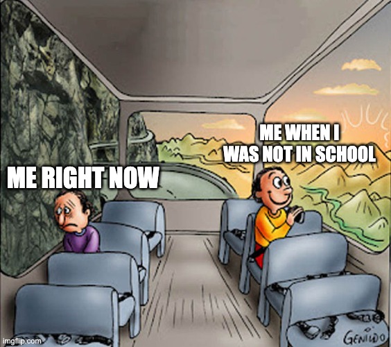 Two guys on a bus | ME WHEN I WAS NOT IN SCHOOL; ME RIGHT NOW | image tagged in two guys on a bus | made w/ Imgflip meme maker