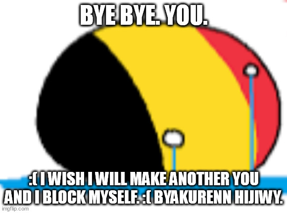 belgium is crying | BYE BYE. YOU. :( I WISH I WILL MAKE ANOTHER YOU AND I BLOCK MYSELF. :( BYAKURENN HIJIWY. | image tagged in belgium is crying | made w/ Imgflip meme maker