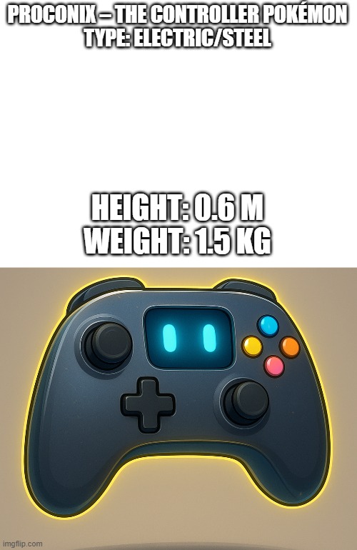 new fakemon | PROCONIX – THE CONTROLLER POKÉMON
TYPE: ELECTRIC/STEEL; HEIGHT: 0.6 M
WEIGHT: 1.5 KG | image tagged in pokemon,fakemon | made w/ Imgflip meme maker