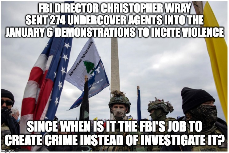 Indict Christopher Wray | FBI DIRECTOR CHRISTOPHER WRAY SENT 274 UNDERCOVER AGENTS INTO THE JANUARY 6 DEMONSTRATIONS TO INCITE VIOLENCE; SINCE WHEN IS IT THE FBI'S JOB TO CREATE CRIME INSTEAD OF INVESTIGATE IT? | image tagged in fbi fraud,fbi | made w/ Imgflip meme maker
