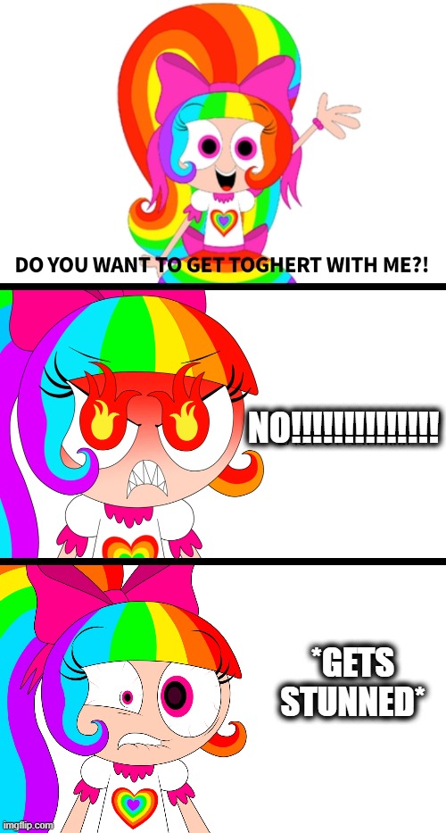 Some rainbow person says no to herself (SATIRE) | NO!!!!!!!!!!!!!! *GETS STUNNED* | image tagged in deviantart,nickelodeon,cringe,plants vs zombies,satire,why are you reading the tags | made w/ Imgflip meme maker