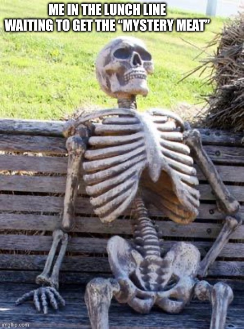 ?????????????‍? | ME IN THE LUNCH LINE WAITING TO GET THE “MYSTERY MEAT” | image tagged in memes,waiting skeleton | made w/ Imgflip meme maker