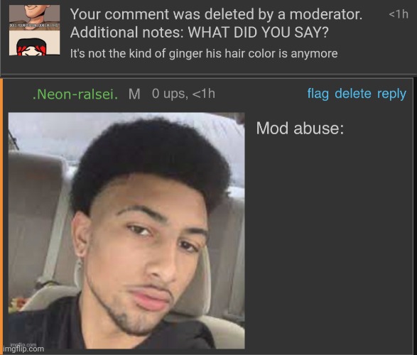 It was just the fact that MC no longer has ombre hair anymore. | image tagged in mod abuse | made w/ Imgflip meme maker