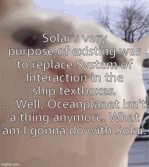 ghjgdgjdkgjdd | Solar's very purpose of existing was to replace System of Interaction in the ship textboxes.
... Well, Oceanplanet isn't a thing anymore. What am I gonna do with Solar. | image tagged in i showed you my,sans of topic | made w/ Imgflip meme maker