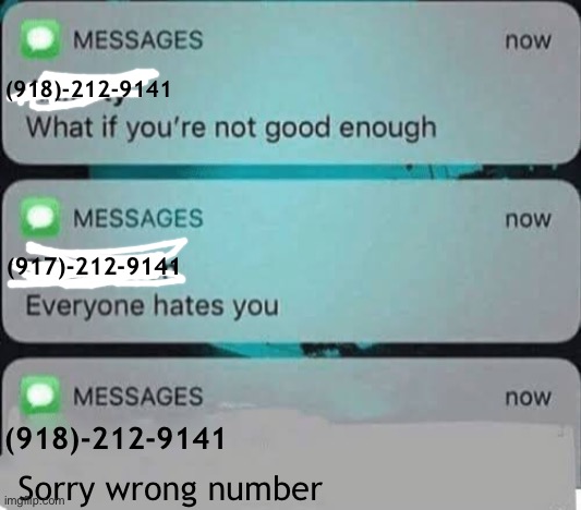 “And I took that personally” | (918)-212-9141; (917)-212-9141; (918)-212-9141; Sorry wrong number | image tagged in anxiety/depression texts | made w/ Imgflip meme maker