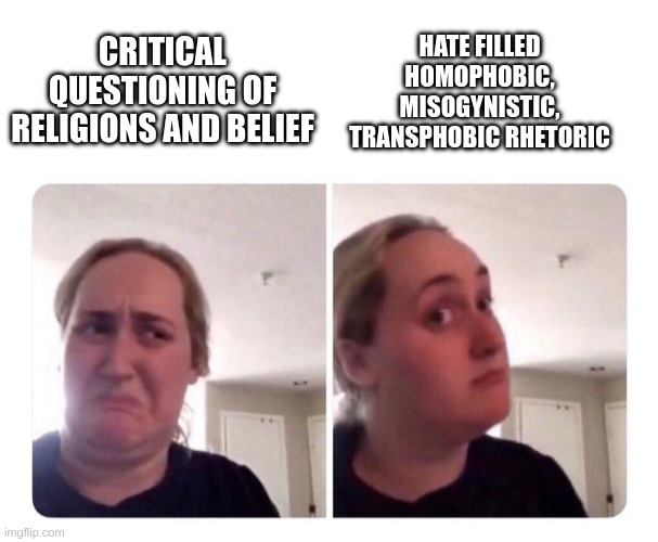 No yes lady | HATE FILLED HOMOPHOBIC, MISOGYNISTIC, TRANSPHOBIC RHETORIC; CRITICAL QUESTIONING OF RELIGIONS AND BELIEF | image tagged in no yes lady | made w/ Imgflip meme maker