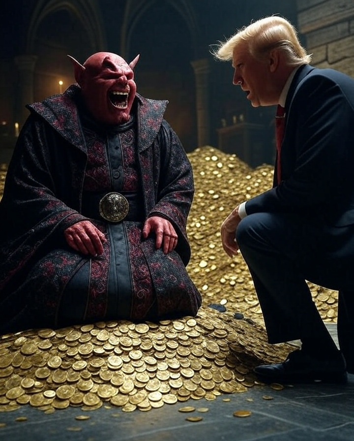 Donald Trump kneeling before Satan and a pile of gold Blank Meme Template