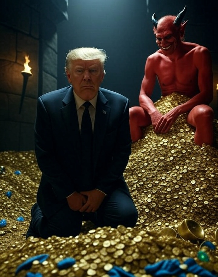 Donald Trump Satan laughing pile of gold Blank Meme Template