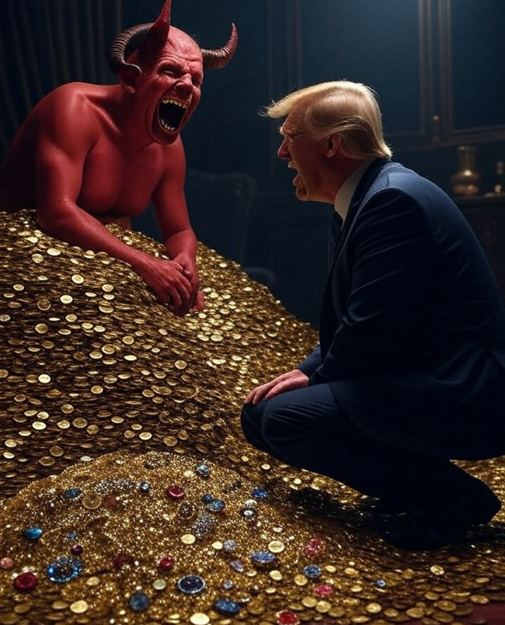 Donald Trump kneeling before Satan and a pile of gold Blank Meme Template