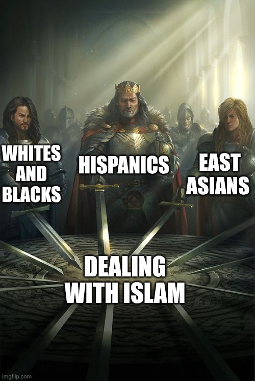 :) Let's be friends | HISPANICS; WHITES AND BLACKS; EAST ASIANS; DEALING WITH ISLAM | image tagged in knights of the round table,islam | made w/ Imgflip meme maker