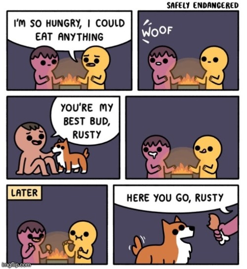 comic from Safely Endangered | image tagged in hobo,hobos,fire,dog,food,yum | made w/ Imgflip meme maker